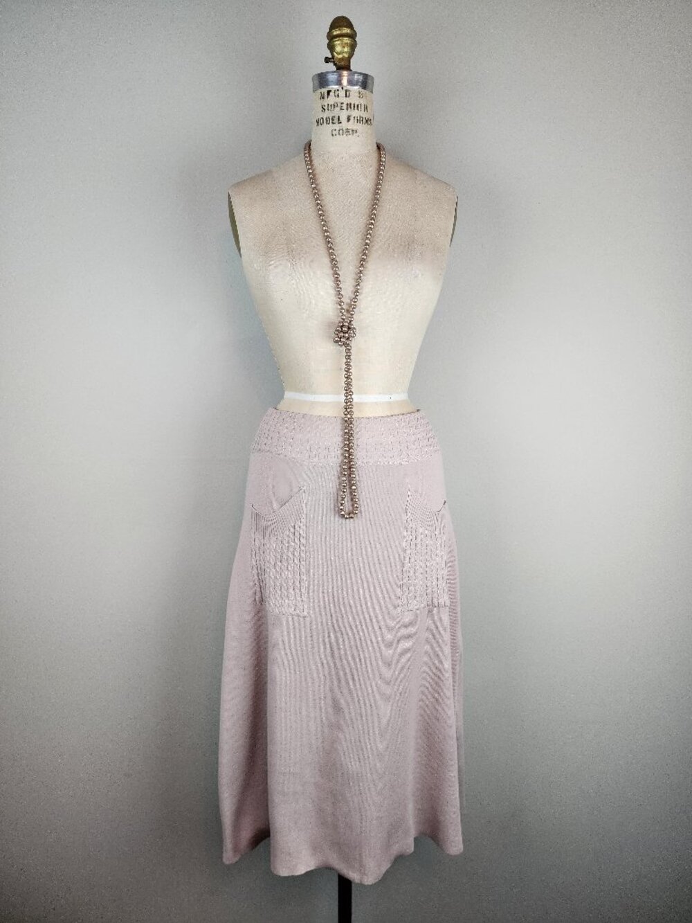 Vintage Style Pale Pink Knit A Line Midi Skirt w/ Front Pockets * Medium